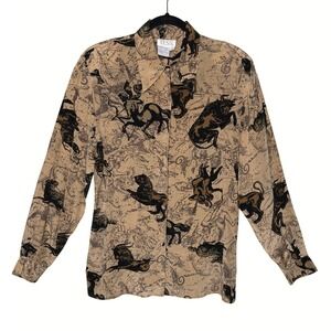 Vintage Tess Silk Blouse Tan Black Zodiac Celestial Print Button Down Shirt M